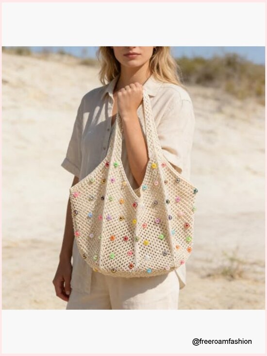 Boho Crochet Beach Tote Shoulder Bag with Colored Beads  Boho Crochet Beach Tote Shoulder Bag with Beads Knit Hippie Bag
